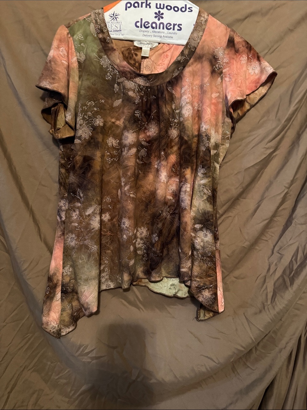 Women’s Floral Watercolor Short Sleeve Top - Brown & Peach